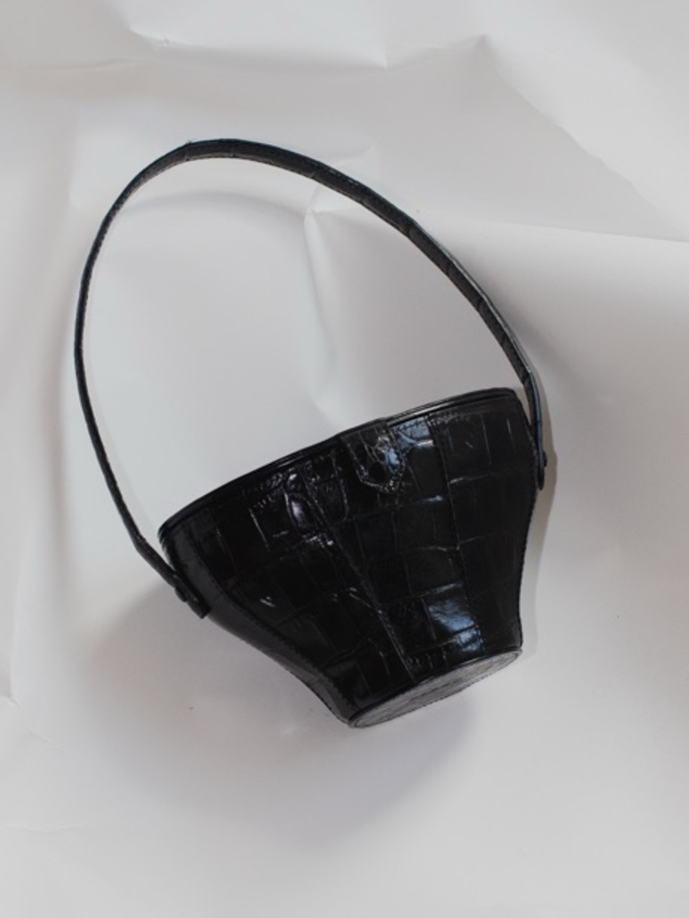 STAUD Black Croc-Embossed Mini Bucket Bag